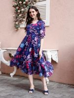 SMOWKLY Women's Georgette Floral Printed Western Dress for Women || Half Sleeve V Neck Fit & Flare Hem Design || A-Line Maxi Gown Casual Wear || Regular Wear - Image 2