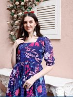 SMOWKLY Women's Georgette Floral Printed Western Dress for Women || Half Sleeve V Neck Fit & Flare Hem Design || A-Line Maxi Gown Casual Wear || Regular Wear - Image 4