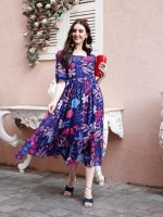 SMOWKLY Women's Georgette Floral Printed Western Dress for Women || Half Sleeve V Neck Fit & Flare Hem Design || A-Line Maxi Gown Casual Wear || Regular Wear - Image 6