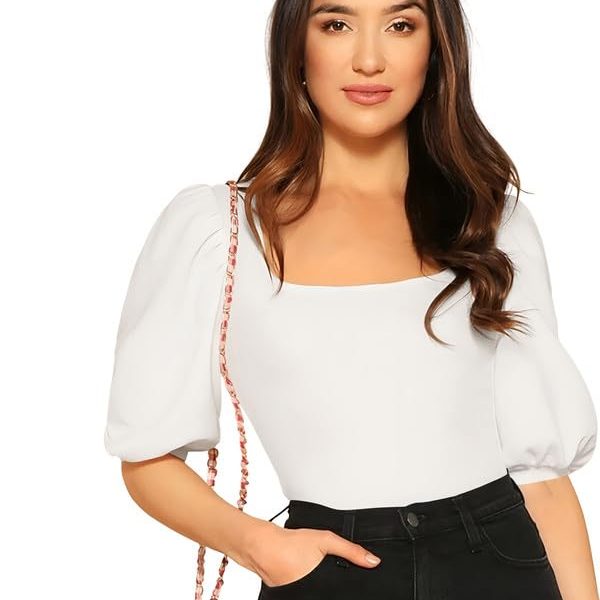 Dream Beauty Fashion Women's Bishop Puff Sleeves Square Neck Slim Top Polyester Blend (BZF-Top-Eva)