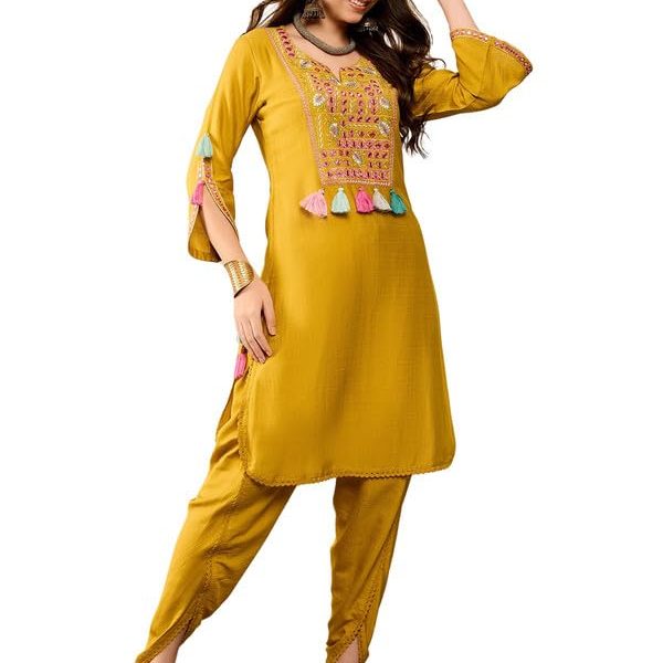 Vaamsi Women's Solid Straight Embroidered Kurta Dhoti Set With Tassels
