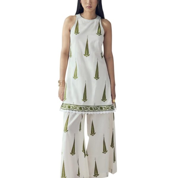 FIORRA Women's Off-White Printed Cotton Sleeveless Kurta Set