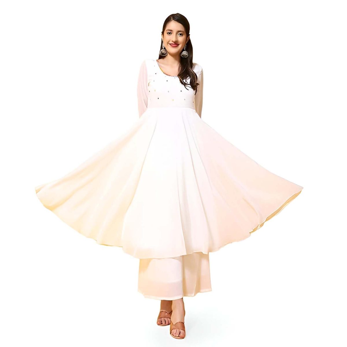 PH POSHAKHUB Women Georgette Hand Embroidery Round Neck and Front Yoke Anarkali Kurta - Round Neck Kurta