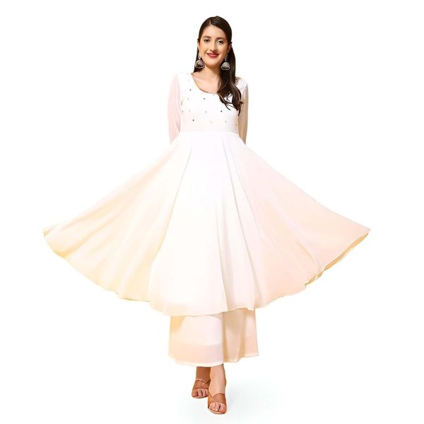 PH POSHAKHUB Women Georgette Hand Embroidery Round Neck and Front Yoke Anarkali Kurta - Round Neck Kurta