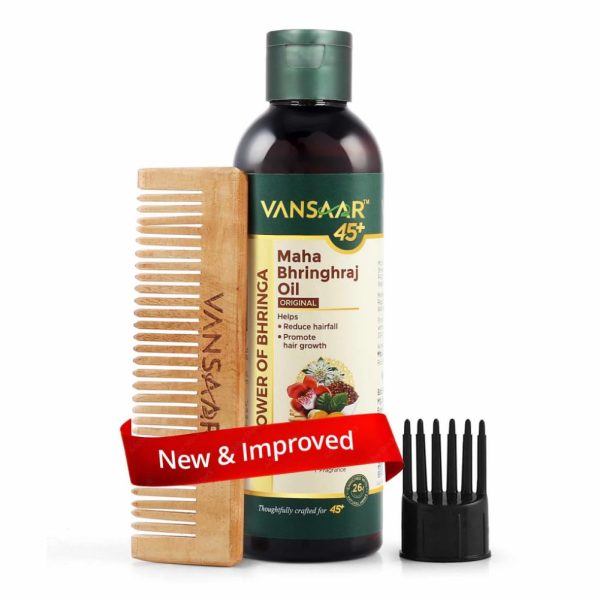 Vansaar 45+ Hair Oil- 100ml | With Maha Bhringhraj | Clinically Proven to Reduce Hair Fall & Increase Hair Growth | 26 Ayurvedic Herbs Slow Cooked in Tel Pak Vidhi | 4X Power of Bhringa | Free Kacchi Neem Comb
