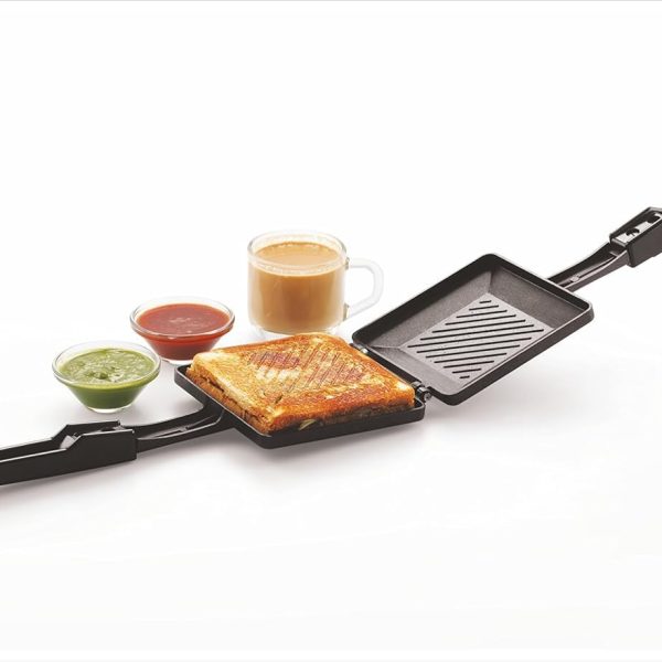 TOSAA TSTSOLO Solo Regular Gas Sandwich Toaster Non-Stick Aluminium | Compatibility with Gas Stoves | Flame-Proof Design | Heat-Resistant Handle | Sandwich Maker | Black