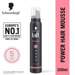 Schwarzkopf TAFT Power Hold 5 Hair Mousse, Lasts 24 Hours, Cashmere-Like Softness, With No Stickiness, Heat Protection, Silicone Free, Lightweight Styler To Controls Frizz And Provides Shine, 200Ml - Image 2