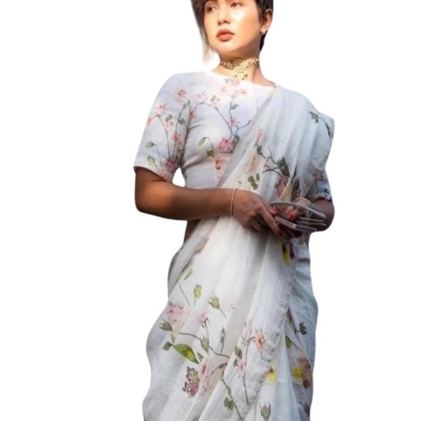 C J Enterprise Women’s Pure Soft Cotton Saree Linen For Silk Sarees Latest Party Design Wear Kalamkari Wedding Sadi With Blouse Piece Sari South Mulmul ikkat Mul Print 2025 New (Baby Cut White)