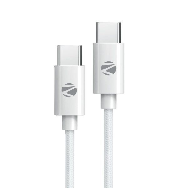 ZEBRONICS Type C to Type C Strong Braided Cable, 60W PD Fast Charging Cable, for iPhone 16 Series, 15 Series, iPad, MacBook, Samsung, Other Android Devices, Data Sync, 1M (ZEB-TT60+), White