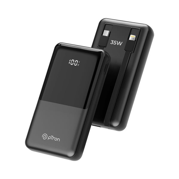 pTron Dynamo Bolt 20000mAh 35W Super Fast Charging, USB Type-C Input Power Bank Compatible with QC3.0/PD3.0 (Power Delivery),Built-in Charging Cables,4 Charging Outputs,Type-C Input/Output Port(Black)