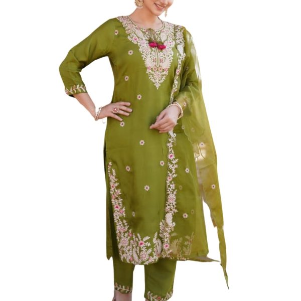 Naixa Women's Rayon Embroidered Straight Kurta with Pant and Dupatta Sets (NX-741)