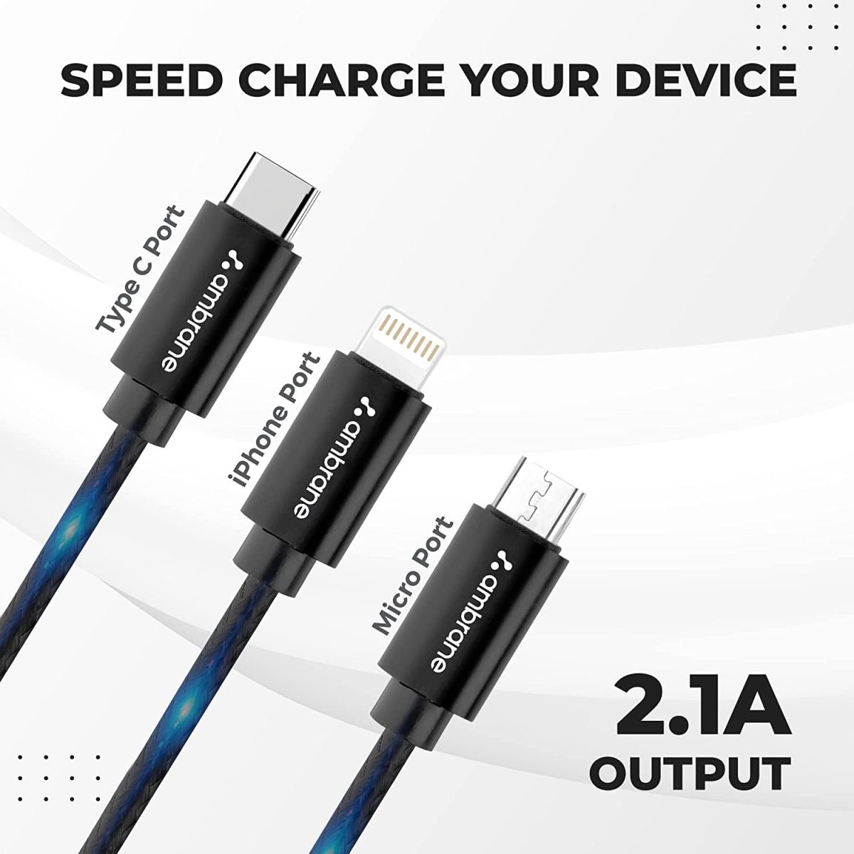 Ambrane Unbreakable 3 in 1 USB Fast Charging USB Cable with Type C, Lightning, Micro USB Port with 2.1 A, Compatible with iPhone, iPad, Samsung, OnePlus, Mi, Oppo, Vivo, Xiaomi, 1.25M (Trio-11, Black) - Image 3