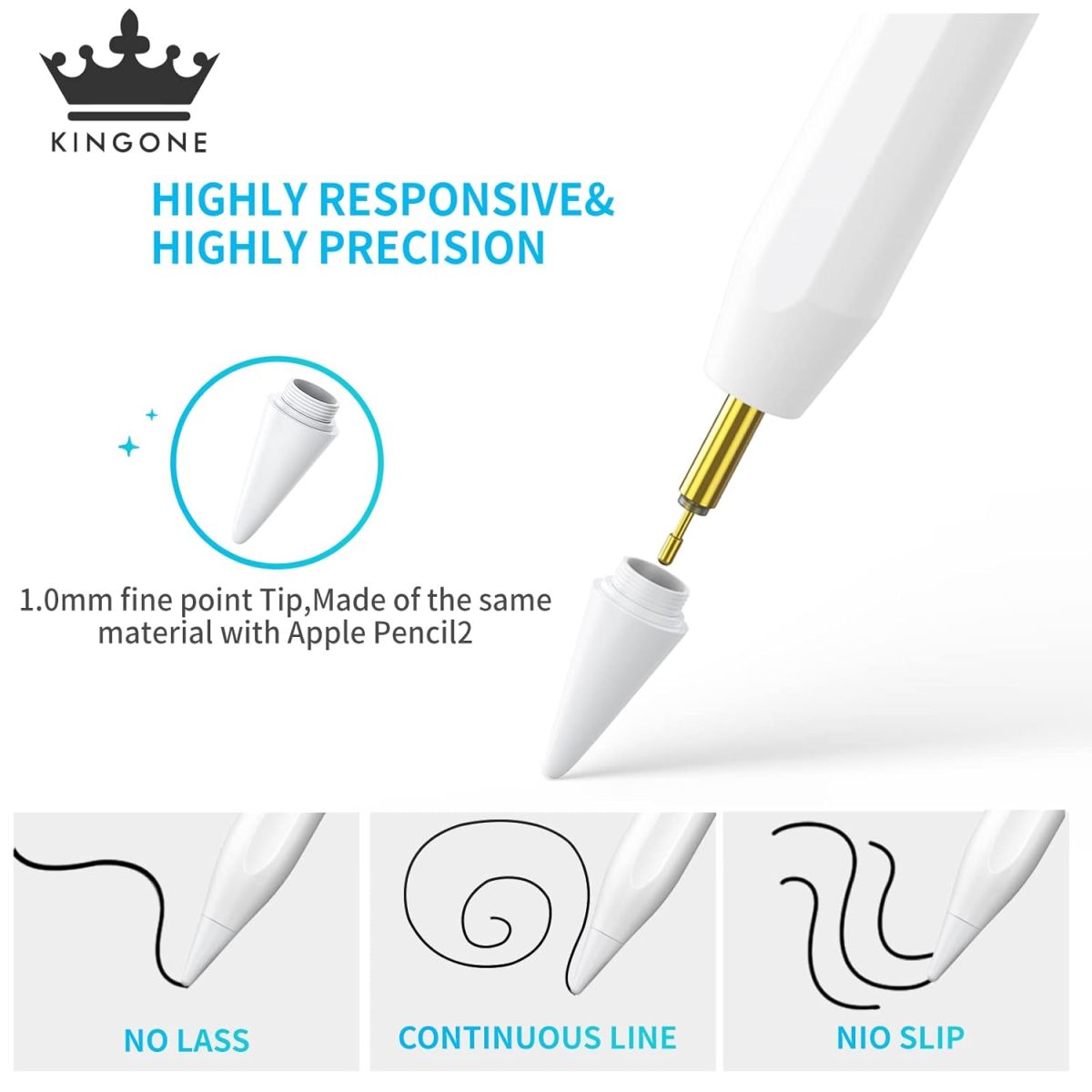 KINGONE Upgraded Stylus Pen, iPad Pencil, Ultra High Precision&Sensitivity, Palm Rejection, Prevents False ON/Off Touch, Power Display, Tilt Sensitivity, Magnetic Adsorption for iPad 2018&Later, White - Image 6