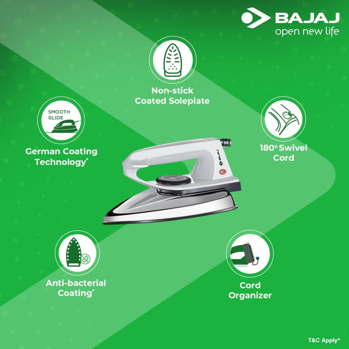 Bajaj DX 2 600-Watt Light Weight Dry Iron | Non-Stick Coated Soleplate | Anti-Bacterial Coating | 180 Degree Swivel Cord | Cool Touch Handle | 2-Yrs Warranty 【Grey】 - Image 5