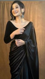 SATAZ Women's Ready to Wear Black Satin Silk 1 Minute Pre Pleated Heavy Saree With Hand Work Lace - Image 5