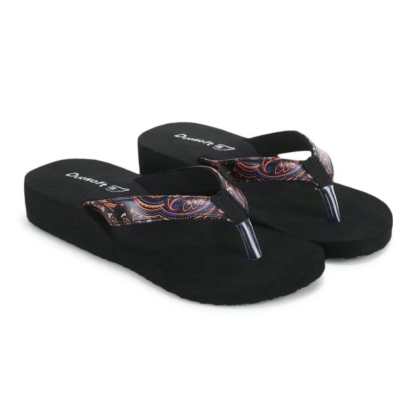 DOCTOR WALK Women's Paisley Print Flip Flops, Black Platform Sandals, Comfort Thong Slippers