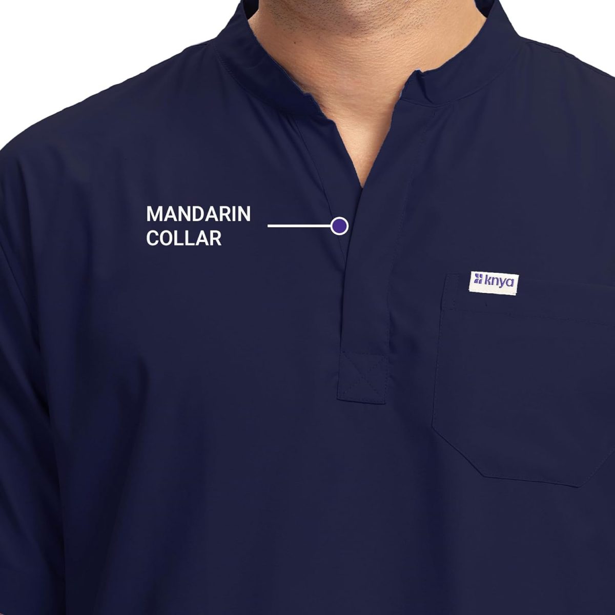 KNYA Classic Men's 5-Pocket Mandarin Collar Scrub Suit| Regular fit | Short Sleeves | For Doctors (XL, Navy Blue) - Image 3
