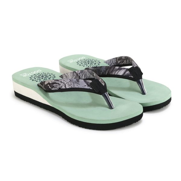 DOCTOR WALK Women's Floral Print Flip Flops, Mint Green, Comfort Platform Sandals