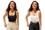 Women's Square Neck Crop Tank Top, Sleevless Ribbed Fitted Cami, Black and White, 2- Pack