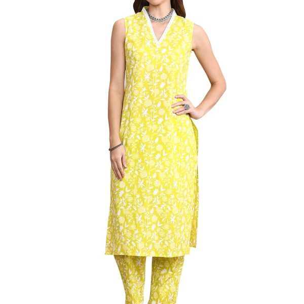 INDO ERA Women's Printed Pure Cotton Straight Kurta Pant Set (Ks0Gn5482)