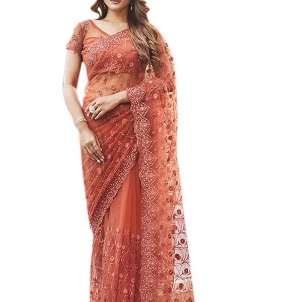 Womanista Women's Women Net Saree ll Women Embroidered saree ll Women Orange saree ll Un-stitched blouse saree