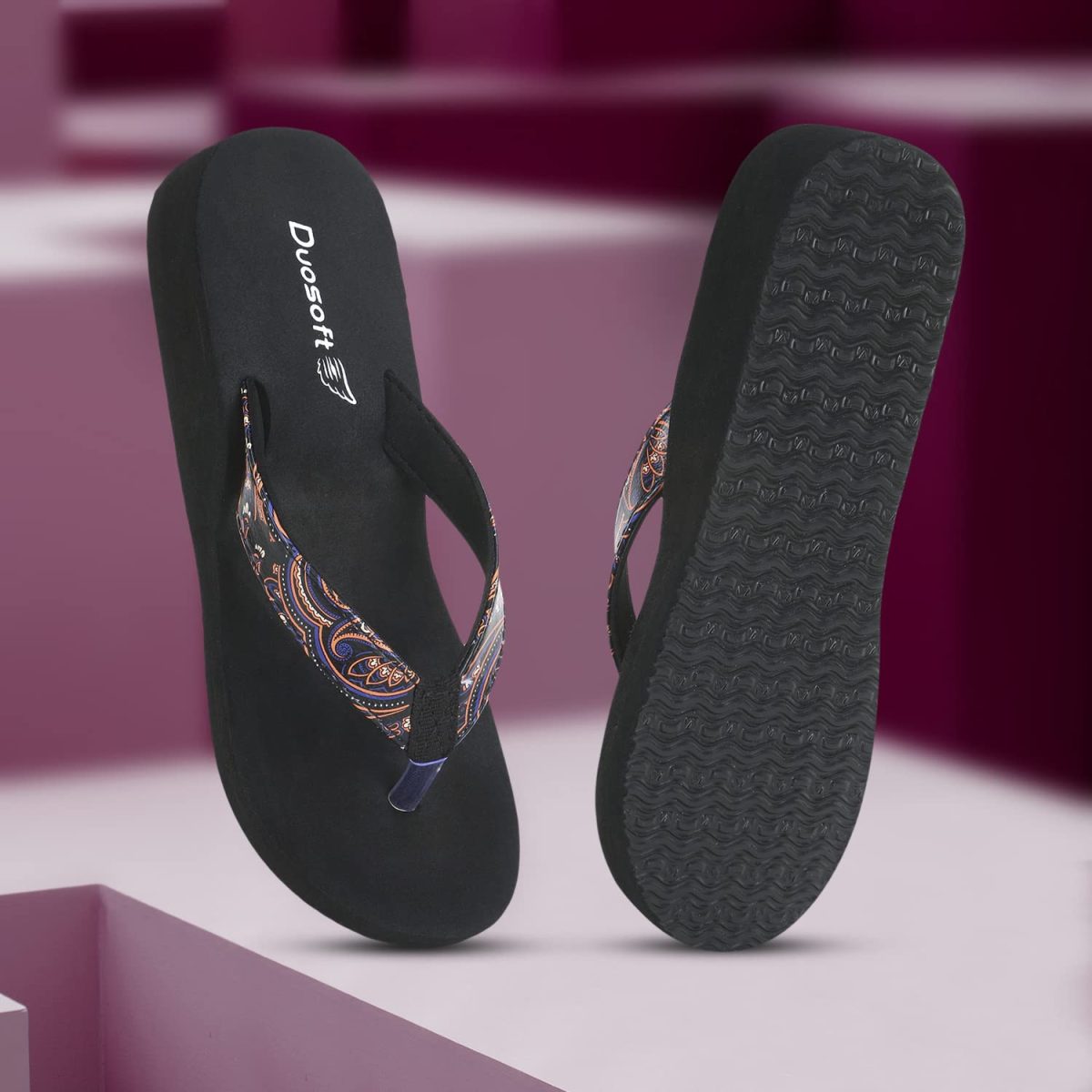 DOCTOR WALK Women's Paisley Print Flip Flops, Black Platform Sandals, Comfort Thong Slippers - Image 8