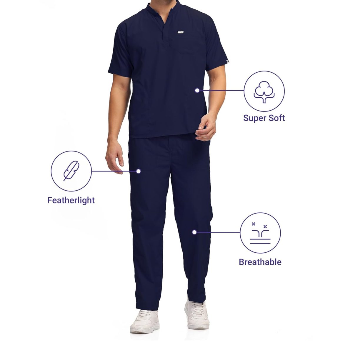 KNYA Classic Men's 5-Pocket Mandarin Collar Scrub Suit| Regular fit | Short Sleeves | For Doctors (XL, Navy Blue) - Image 2