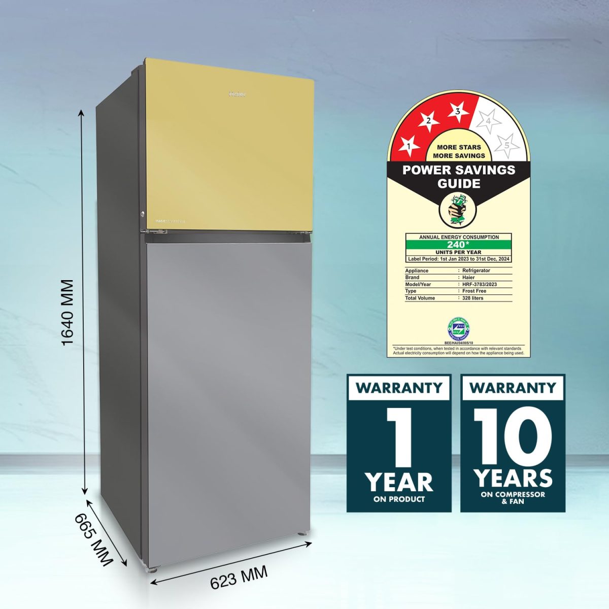 Haier 328 L, 3 Star, Convertible 10-in-1, Triple Inverter & Fan Motor Technology, Frost Free Double Door Refrigerator (HRF-3783YGG-P, Yellow Grey Glass) - Image 7