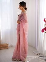 AKHILAM Women's Shimmer Net Solid Saree With Unstitched Blouse Piece - Image 4