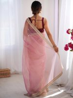 AKHILAM Women's Shimmer Net Solid Saree With Unstitched Blouse Piece - Image 2