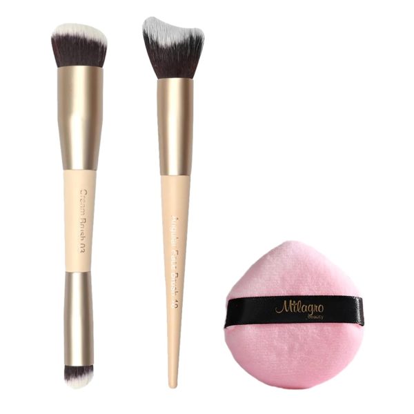 Milagro Beauty Face Perfection Brush Collection, Dual Ended Foundation & Concealer Brush, Angular Face Brush & Soft Powder Puff | Seamless Blending | Vegan, Reusable & Travel-Friendly Makeup Tools (Pack of 3)