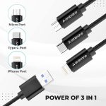 Ambrane Unbreakable 3 in 1 USB Fast Charging USB Cable with Type C, Lightning, Micro USB Port with 2.1 A, Compatible with iPhone, iPad, Samsung, OnePlus, Mi, Oppo, Vivo, Xiaomi, 1.25M (Trio-11, Black) - Image 2