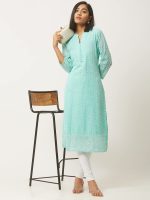 ZOLA Exclusive Georgette V Neck with 3/4th Sleeves and Calf Length Lucknowi Chikankari Ethnic Wear Straight Kurta for Women Pack of 1 - Image 5