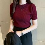 Istyle Can Slim Fit Plain Stretchable Round Neck Rib Knit Short Sleeve Regular Top for Women | T Shirt | Tee - Image 2
