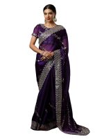 Satrani Women's Tissue Silk Sequence Embroidery Work Scalloped Border Saree with Unstitched Blouse Piece
