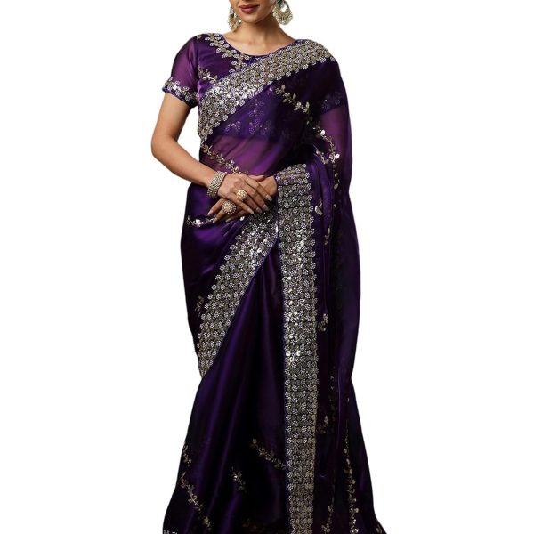 Satrani Women's Tissue Silk Sequence Embroidery Work Scalloped Border Saree with Unstitched Blouse Piece