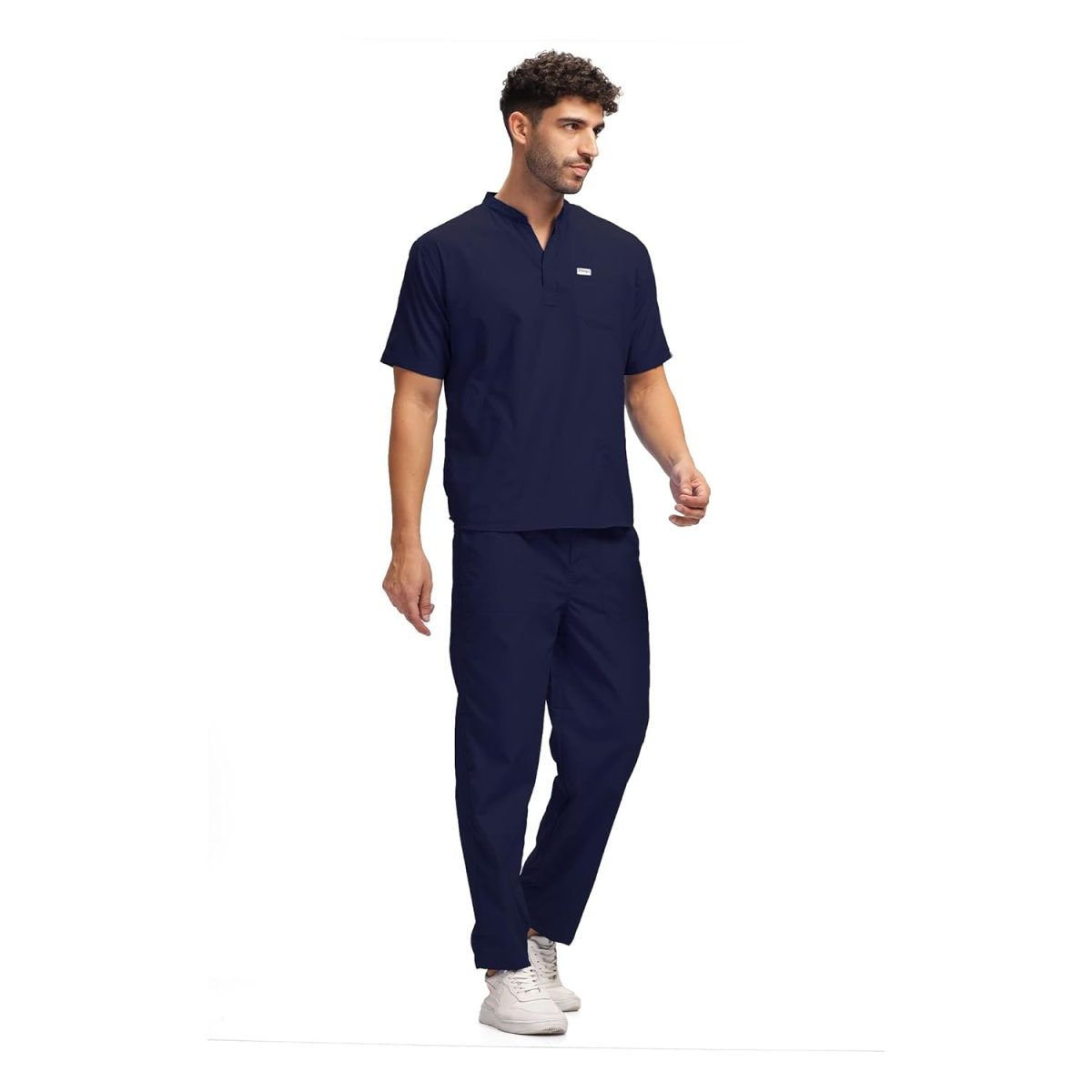 KNYA Classic Men's 5-Pocket Mandarin Collar Scrub Suit| Regular fit | Short Sleeves | For Doctors (XL, Navy Blue)