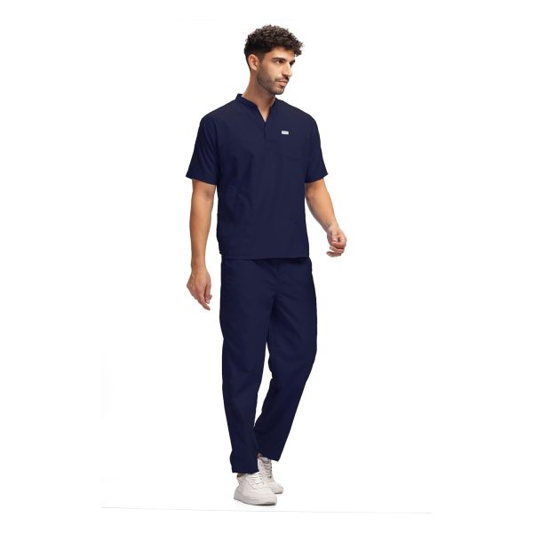 KNYA Classic Men's 5-Pocket Mandarin Collar Scrub Suit| Regular fit | Short Sleeves | For Doctors (XL, Navy Blue)