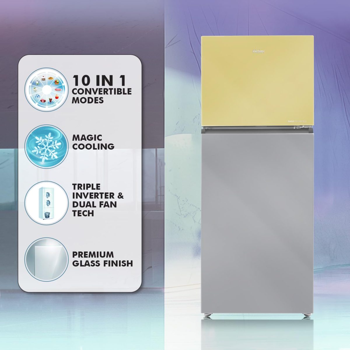 Haier 328 L, 3 Star, Convertible 10-in-1, Triple Inverter & Fan Motor Technology, Frost Free Double Door Refrigerator (HRF-3783YGG-P, Yellow Grey Glass) - Image 3