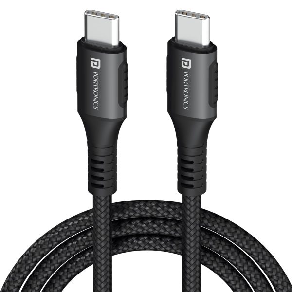 Portronics Konnect 240C 240W Futuristic Unbreakable Nylon Braided Type C Fast Charging Cable 2M Long, Supports Laptop and All Smartphones and Devices (Black)