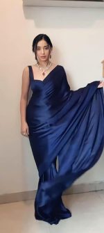SHOPAZ Women's Ready to Wear Plain Navy Blue Satin Silk 1 Minute Pre Pleated Saree With Unstitched Blouse - Image 3
