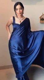 SHOPAZ Women's Ready to Wear Plain Navy Blue Satin Silk 1 Minute Pre Pleated Saree With Unstitched Blouse - Image 5