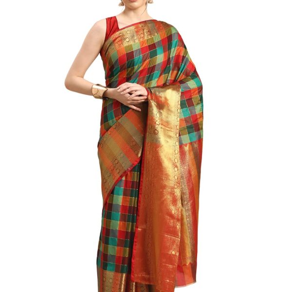 Amazon Brand - Anarva Women's Silk Kanjivaram Color Block Checks Saree