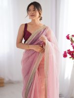 AKHILAM Women's Shimmer Net Solid Saree With Unstitched Blouse Piece - Image 5