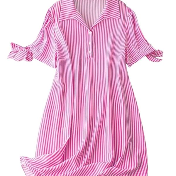 Leriya Fashion Striped Shirt Style Mini Dress for Women | Collared Casual A-Line | Tunic with Tie Sleeves & Front Buttons