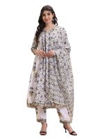 GRECIILOOKS Women's Jaipuri Printed Anarkali Kurta Set with Dupatta | Cotton Blend Long Flared Ethnic Dress for Festive