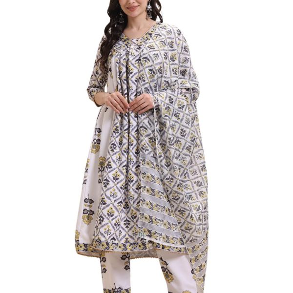 GRECIILOOKS Women's Jaipuri Printed Anarkali Kurta Set with Dupatta | Cotton Blend Long Flared Ethnic Dress for Festive