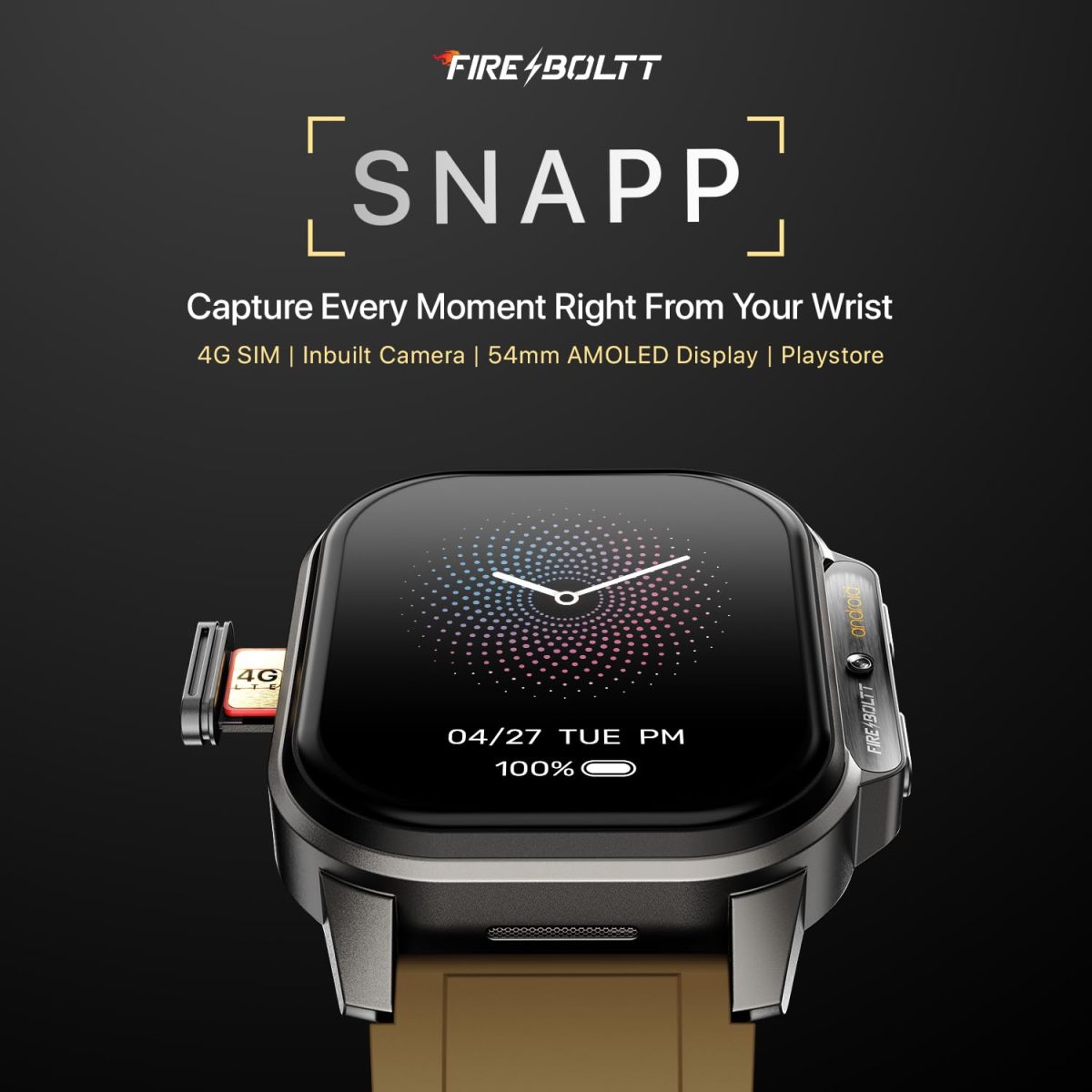 Fire-Boltt Snapp Smart Watch, Selfie Camera, 4G Nano-SIM Slot, 54.1mm AMOLED Display, Play Store- Unlimited apps, 1000mAh Battery, 2GB/4GB RAM + 16GB/64GB ROM (Alpine Olive) - Image 2