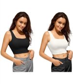 Women's Square Neck Crop Tank Top, Sleevless Ribbed Fitted Cami, Black and White, 2- Pack - Image 2