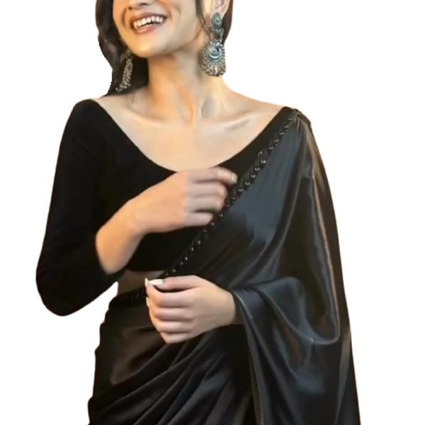 SATAZ Women's Ready to Wear Black Satin Silk 1 Minute Pre Pleated Heavy Saree With Hand Work Lace